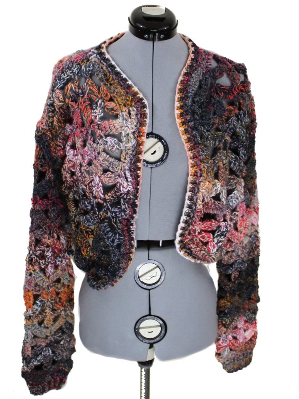 NWT Handmade Crochet Large Cropped Cardigan Ombre Jewel Tone Open Knit Boho